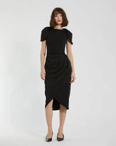 Black Crepe Boat Neck Midi Tulip Dress With Belt
